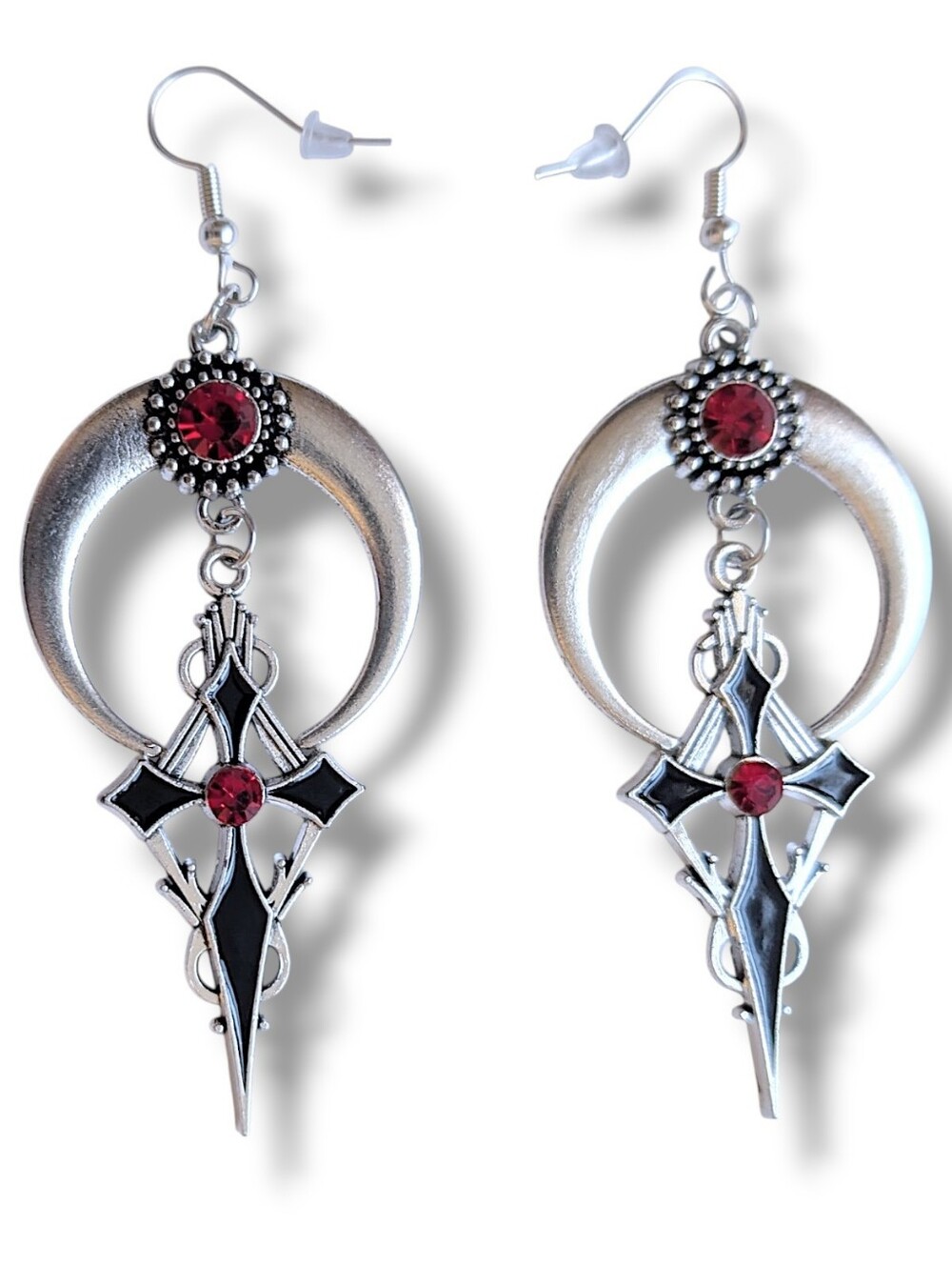 NWT Handmade Silver Crescent Moon Cross with Red Gem Earrings